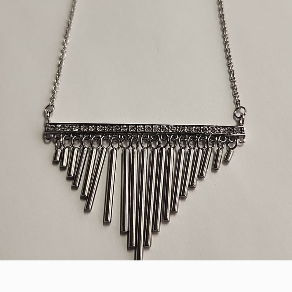 Silver Geometric Fringe Necklace with Matte Finish - Picture 2 of 3